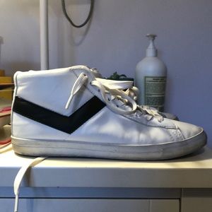 pony white leather sneakers with black detailing